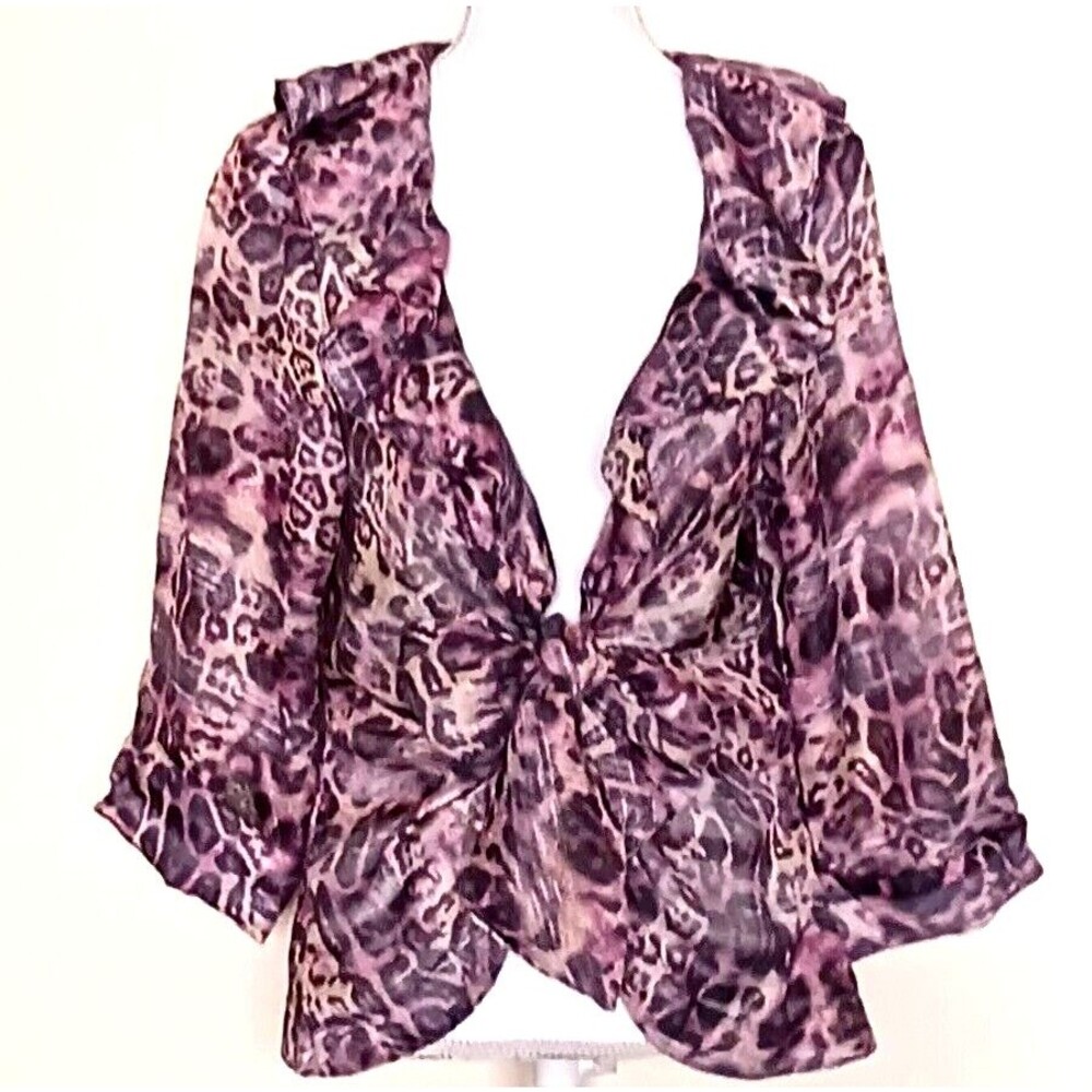 Mishca Tie Front Top Leopard Print Metallic Thread Ruffled Neckline Sz M